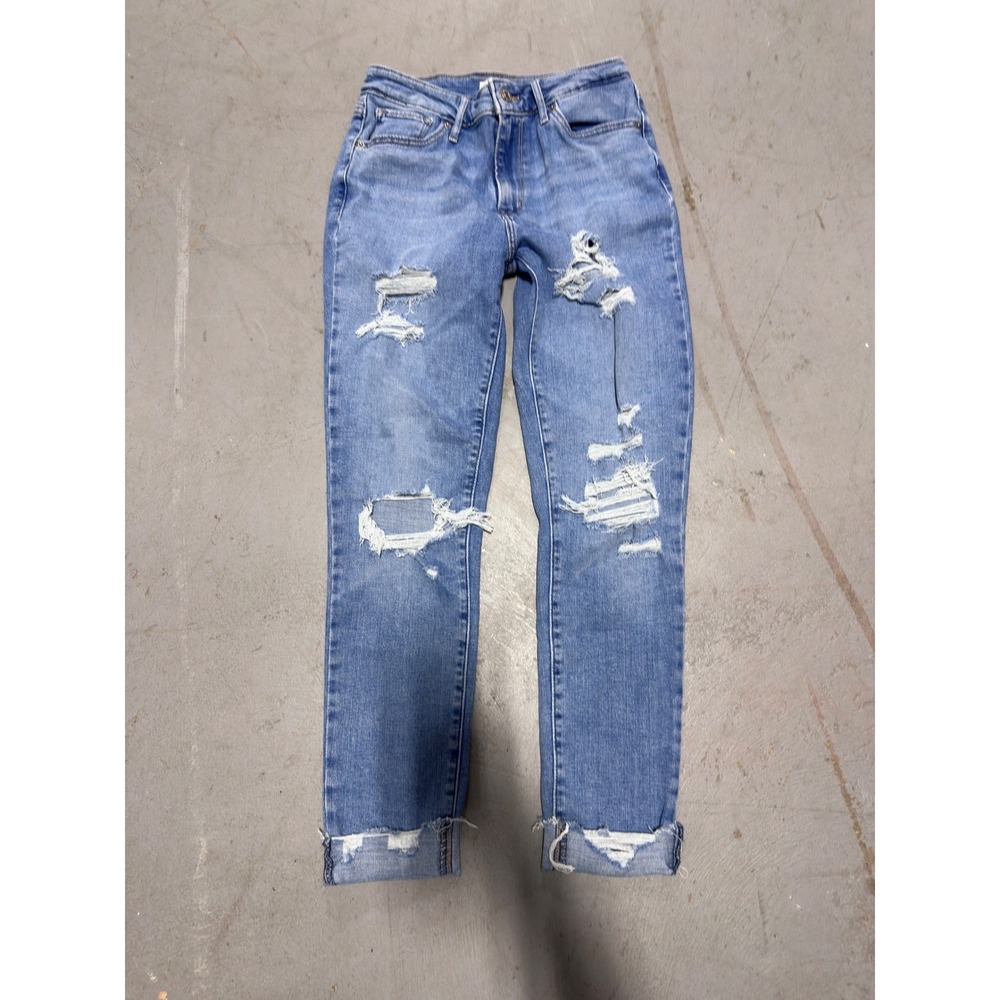 Levis 721 High Rise Skinny Distressed Blue Jeans Size 28 Ripped Raw Hem
